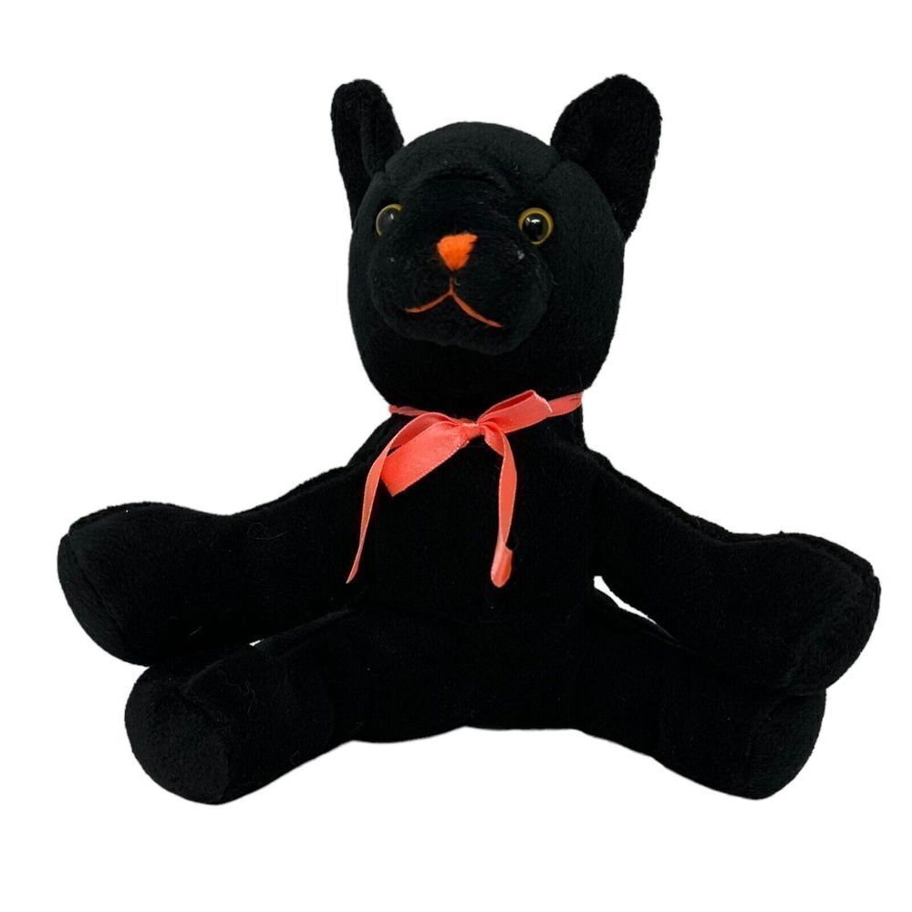 Fiesta Black Plush Cat Kitty Orange Nose Yellow Eyes Bow Stuffed Animal Floppy